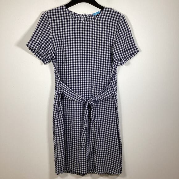 J McLaughlin Sadie Tie Waist Gingham Navy Linen Cotton Dress 12 Knee Length - Picture 2 of 7
